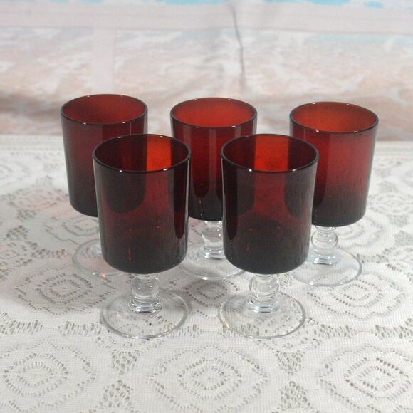 Vintage Ruby Red Footed Cordial Glasses Set of 5 - Picture 1 of 3